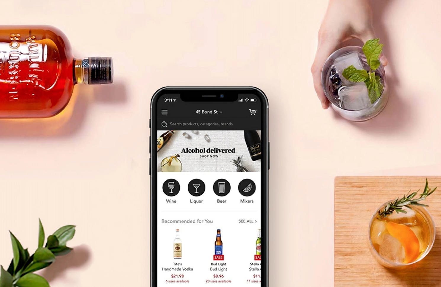 Compilation photo of the Minibar app, a bottle of liquor, and some drinks