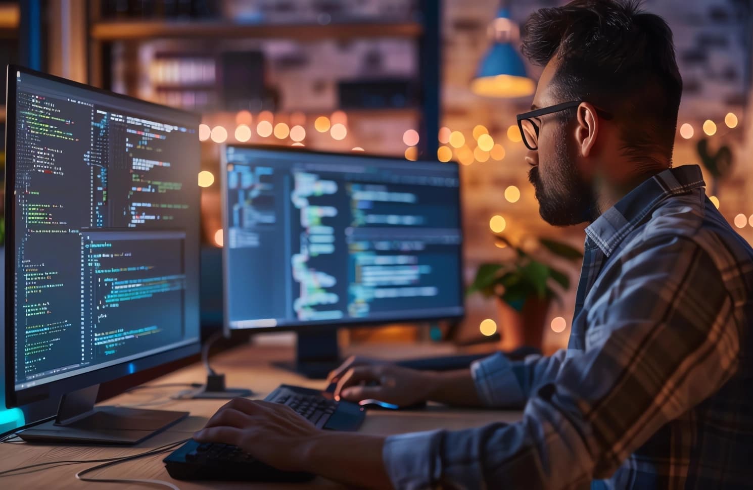 Programmer in front of two computer screens working on programming language