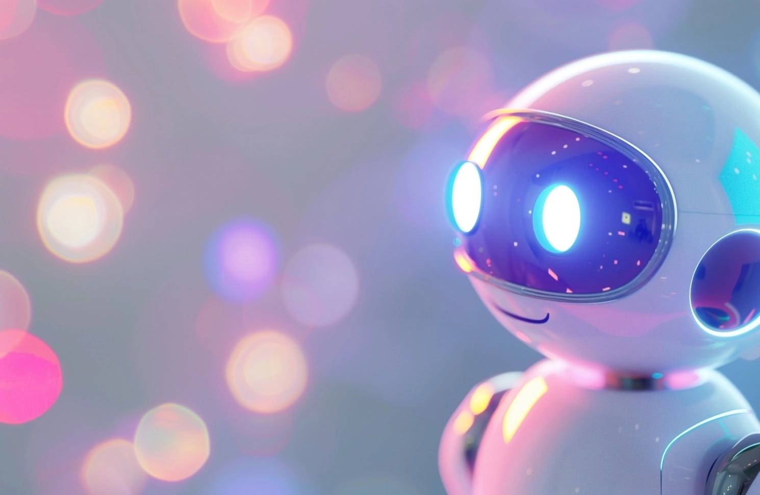 White robot with a smile and colorful lights surrounding him representing custom gpt