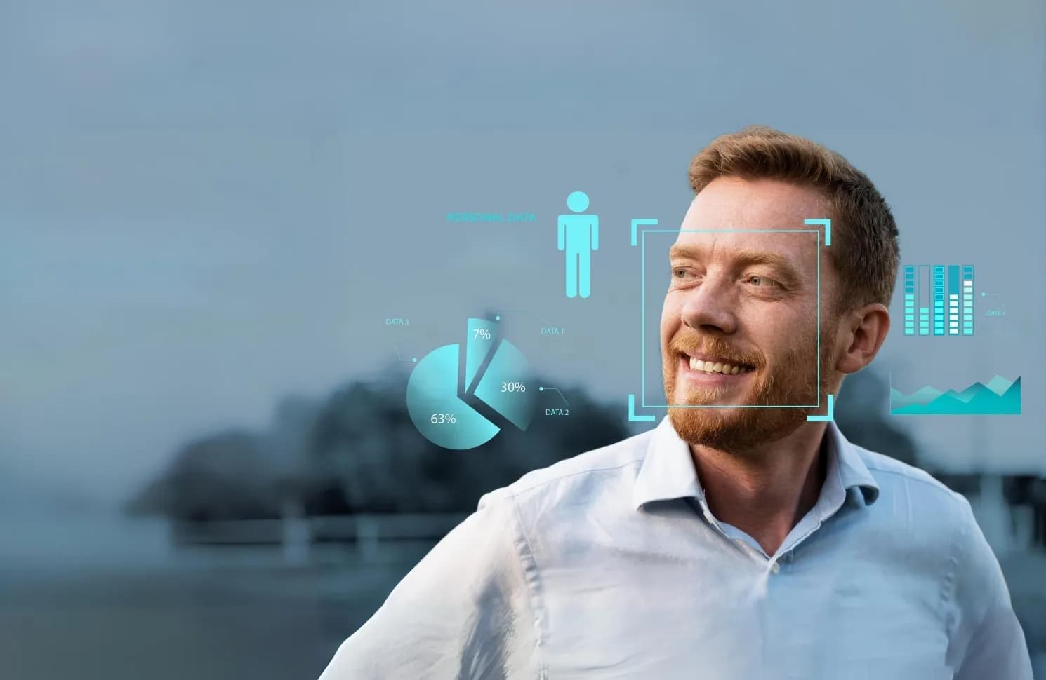 Man smiling with data graphic points surrounding his head to represent customer personalization