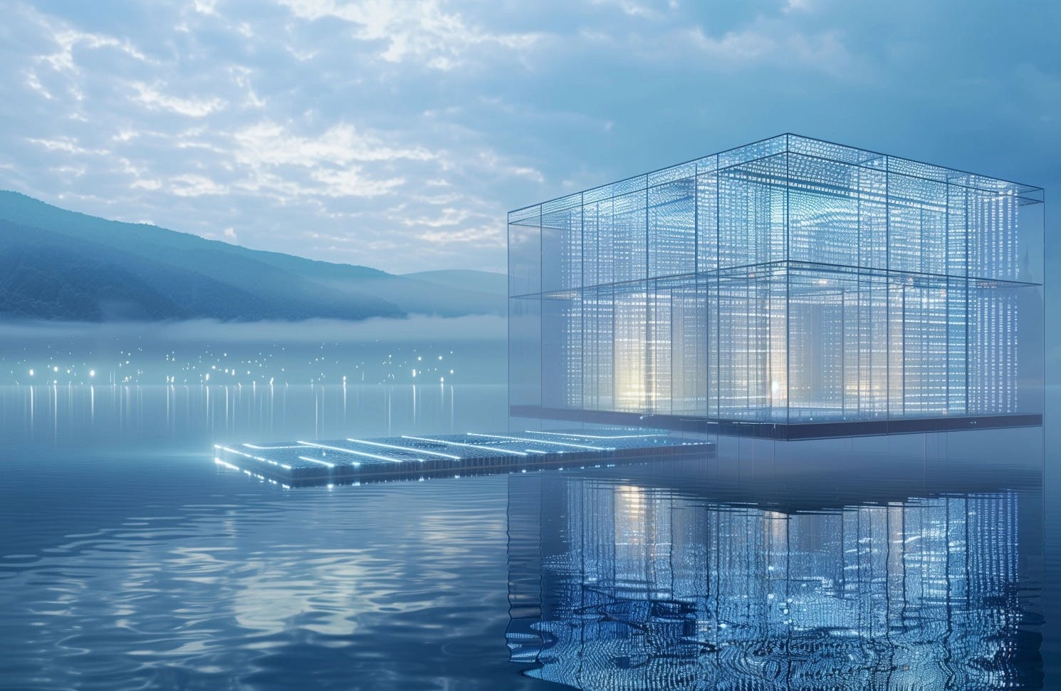 Data center that looks like a house on a quiet, peaceful lake representing a data lakehouse