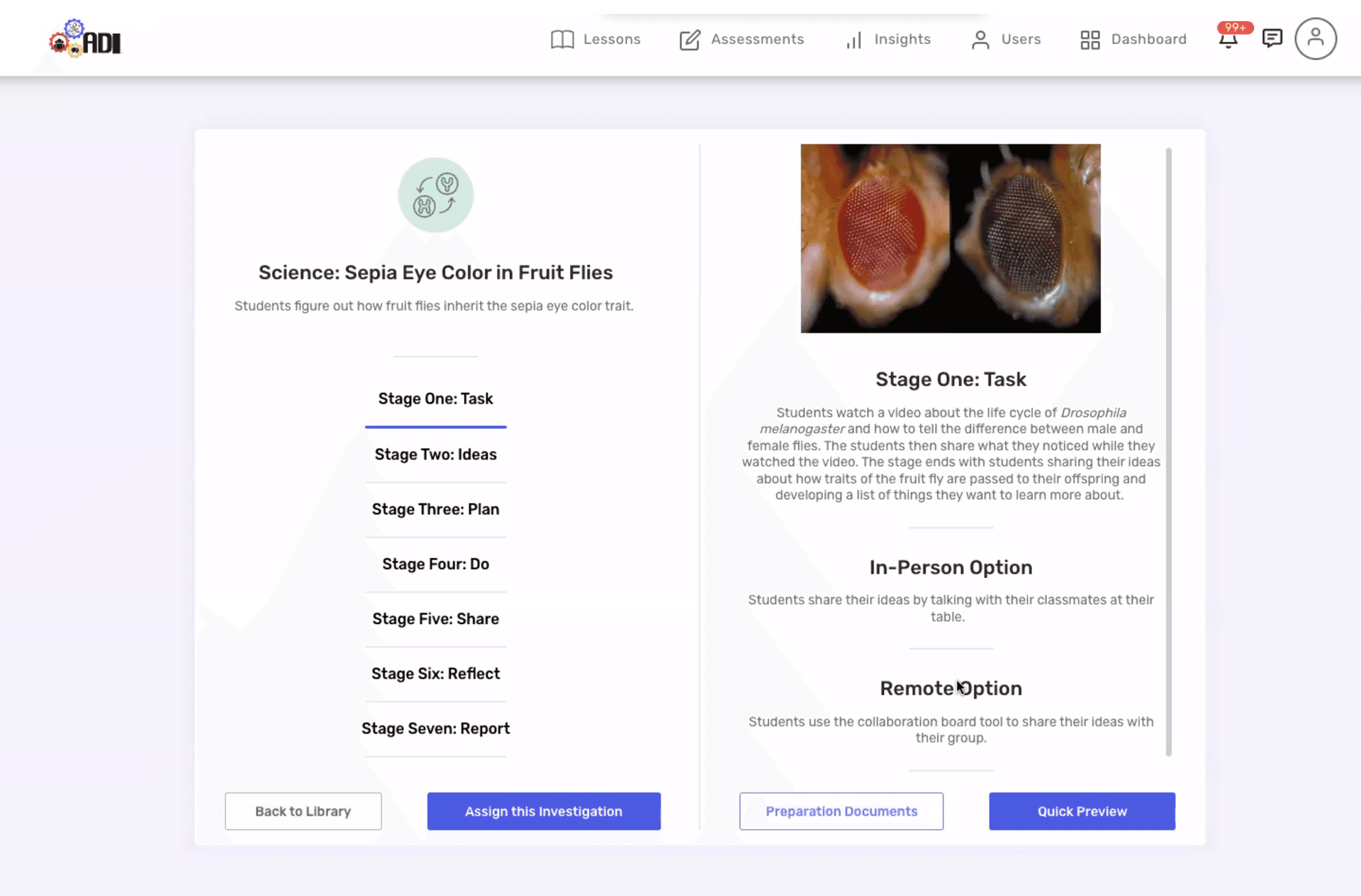 Example of the ADI elearning hub with a lesson on fruit flies