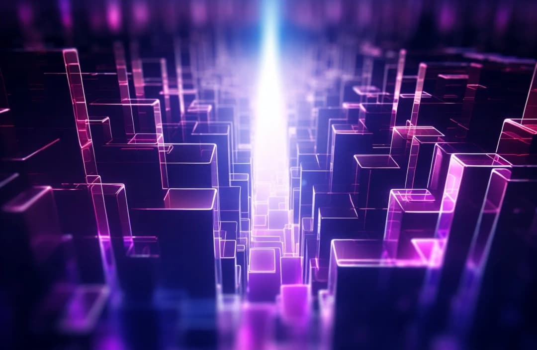 Iridescent purple columns with a white light from above representing emerging AI