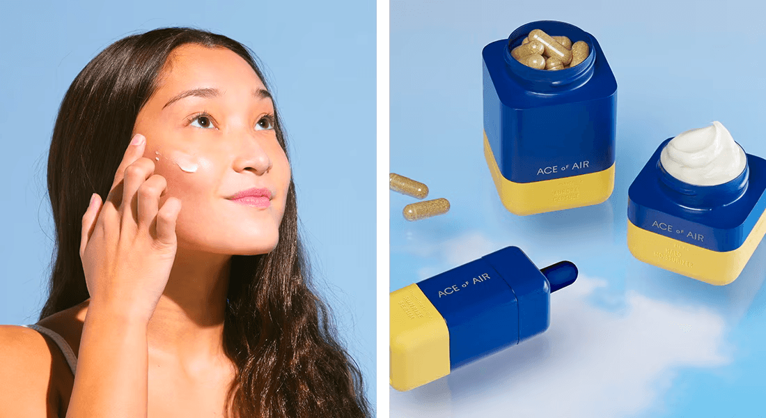 Female spreading lotion on her cheek with open containers of Ace of Air products