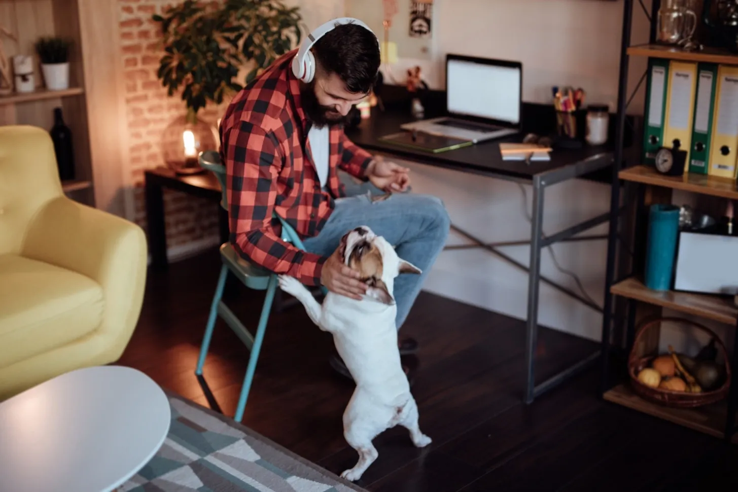Software developer smiling down at his dog and petting him, representing a growth mindset