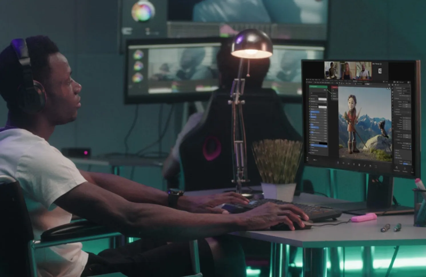 Video editor meeting virtually with team and making edits to animated movie